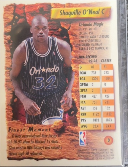 1993-94 Topps Finest #3 Shaquille O'Neal — front
