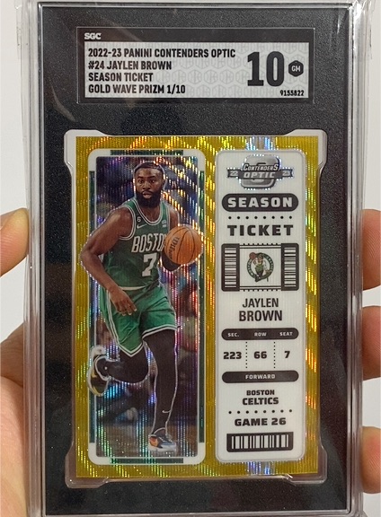 2022-23 Panini Contenders Optic #24 Jaylen Brown Season Ticket Gold Wave Prizm 1/10 — front