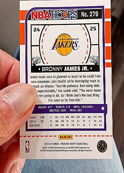 2024-25 Panini NBA Hoops Haunted Hoops #279 Bronny James Jr. — back