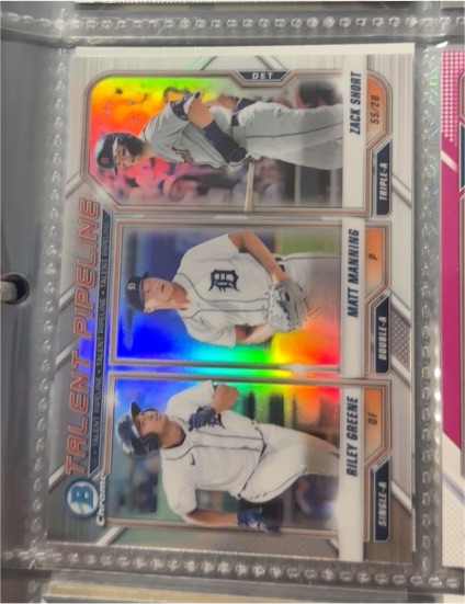 2021 Bowman Chrome #TP-DET Zack Short / Matt Manning / Riley Greene Talent Pipeline — front