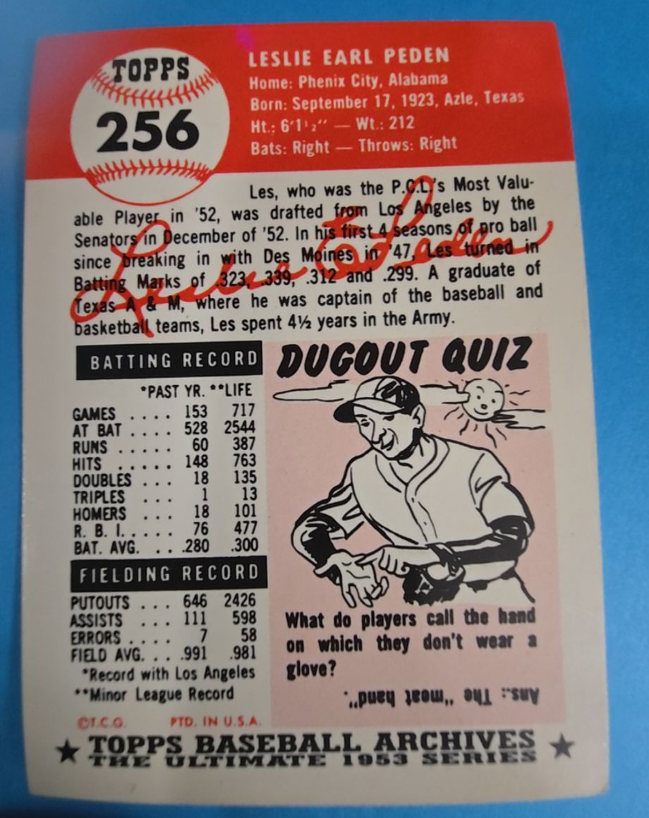 1991 Topps Archives 1953 Reprint #256 Leslie Earl Peden — front