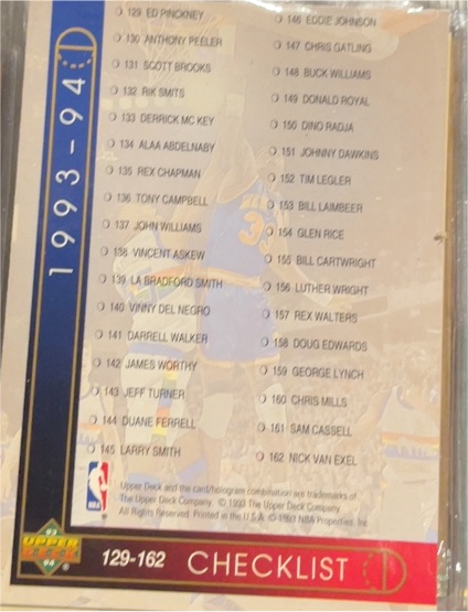 1993-94 Upper Deck #254 Checklist: 129-192 — front