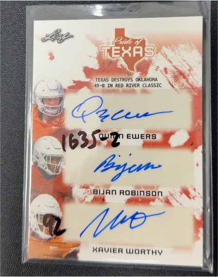 2022 Leaf Pride of Texas #PO-4 Quinn Ewers/Bijan Robinson/Xavier Worthy — front
