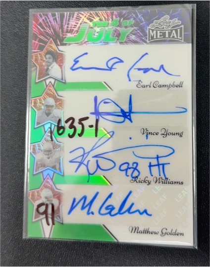 2025 Leaf Metal #W4J-6 Earl Campbell/Vince Young/Ricky Williams/Matthew Golden Quad Auto — front