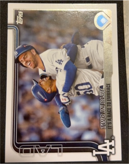 2025 Topps #631 Two in Blue: It’s a Race to Embrace Freddie Freeman & Mookie Betts — front
