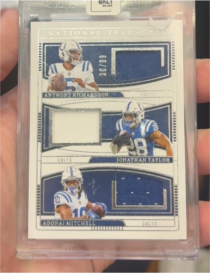 2024 Panini National Treasures NFL Gear Trio Patch #30/99 Anthony Richardson Jonathan Taylor Adonai Mitchell — front