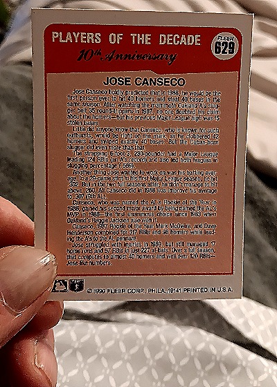 1990 Fleer Players of the Decade 10th Anniversary #629 Jose Canseco — back