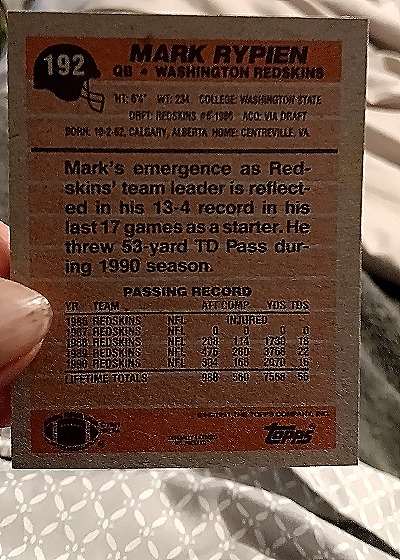 1991 Topps #192 Mark Rypien — back