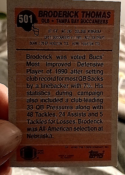 1991 Topps #501 Broderick Thomas — back