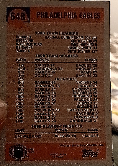 1990 Topps #648 Randall Cunningham — back