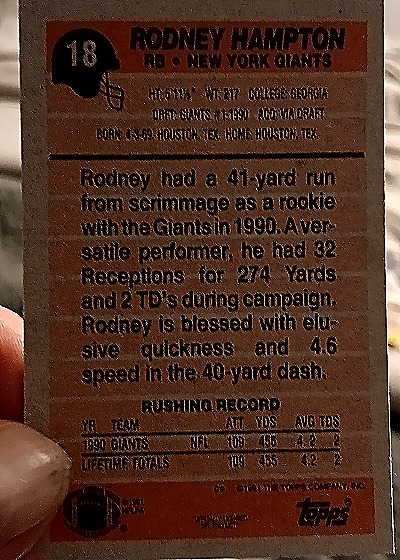 1991 Topps #18 Rodney Hampton — back