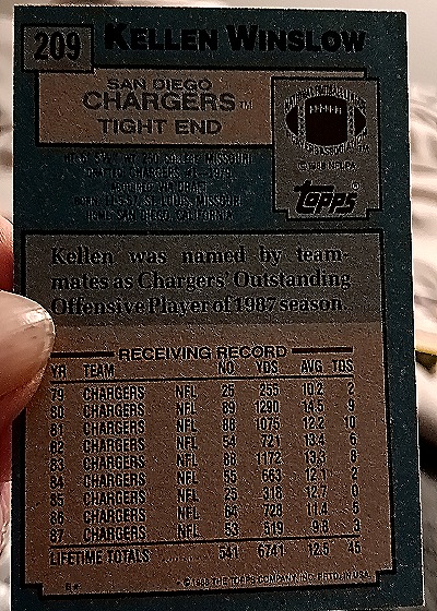1988 Topps #209 Kellen Winslow — back