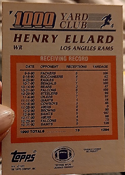 1991 Topps 1000 Yard Club Receiving Henry Ellard — back