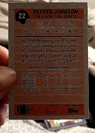 1991 Topps All Pro #22 Pepper Johnson — back