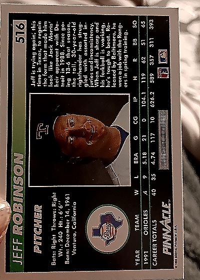 1992 Pinnacle #516 Jeff Robinson — back