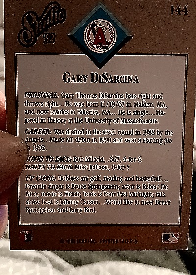 1992 Leaf Studio #144 Gary DiSarcina — back