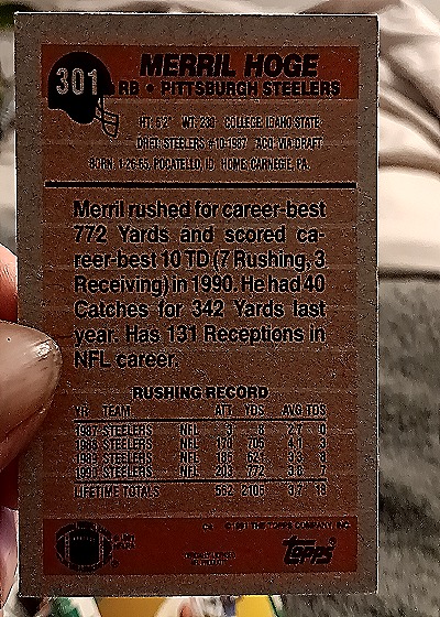 1991 Topps #301 Merril Hoge — back