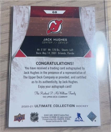 2020-21 Upper Deck Ultimate Collection #68 Jack Hughes — front
