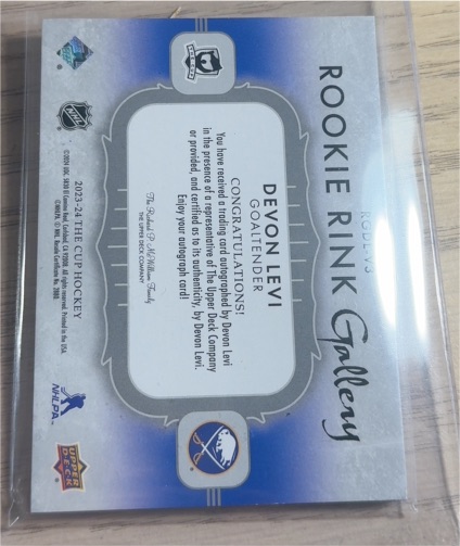 2023-24 Upper Deck The Cup Rookie Rink Gallery Jersey /49 Devon Levi #RGDL-V2 RC — front