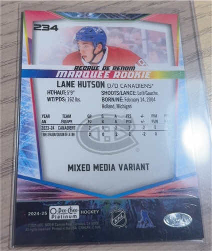 2024-25 O-Pee-Chee Platinum #234 Lane Hutson Marquee Rookie Mixed Media Variant — front