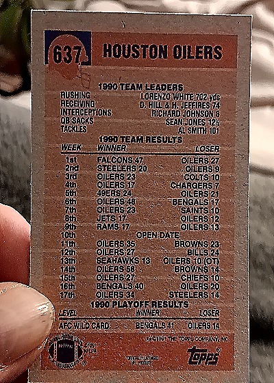 1991 Topps #637 Houston Oilers Team Card — back