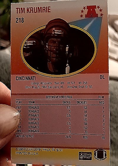 1990 Fleer #218 Tim Krumrie — back