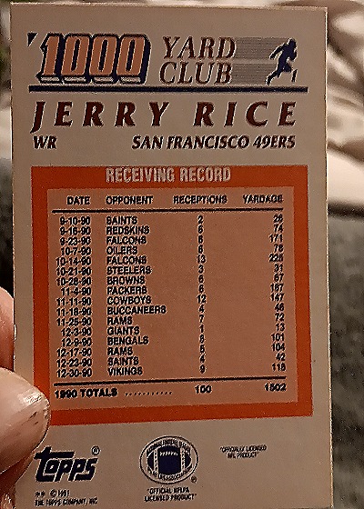 1991 Topps 1000 Yard Club Receiving Jerry Rice — back
