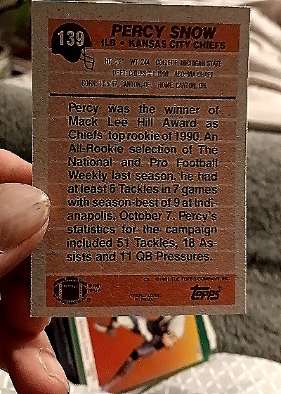 1991 Topps #139 Percy Snow — back