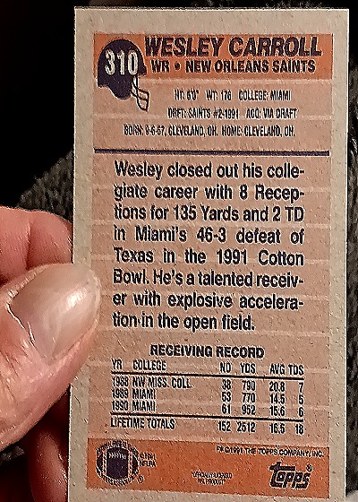 1991 Topps #310 Wesley Carroll — back