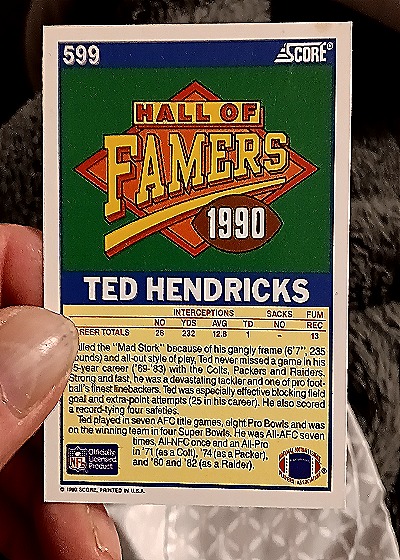 1990 Score #599 Ted Hendricks — back