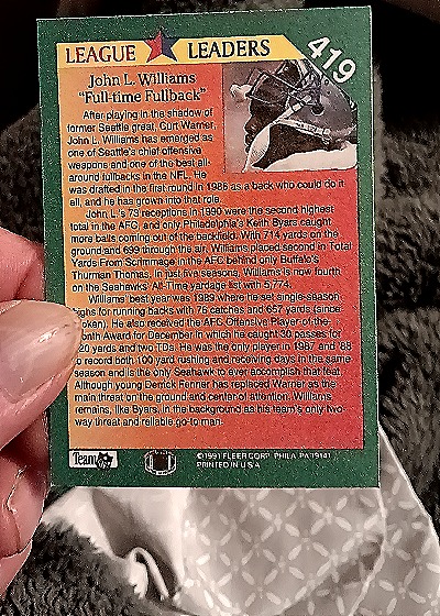 1991 Fleer League Leaders #419 John L. Williams — back