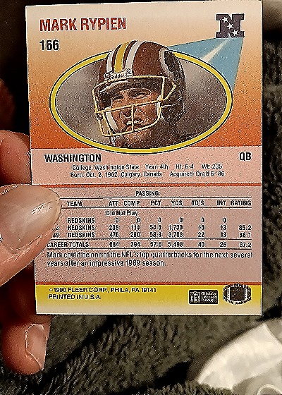 1990 Fleer #166 Mark Rypien — back