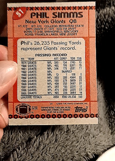 1990 Topps #174 Phil Simms — back