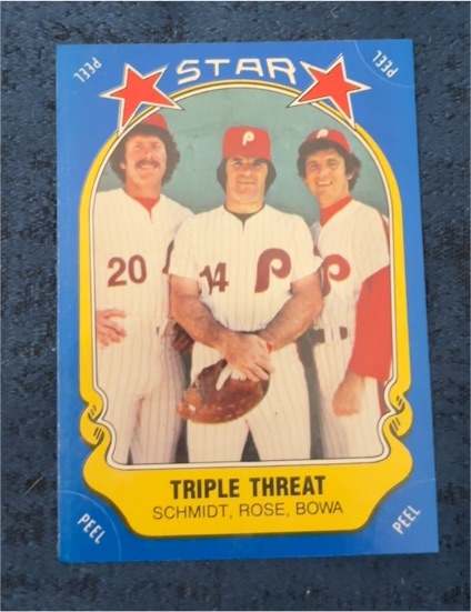 1981 Fleer Star Stickers #43 Triple Threat Mike Schmidt, Pete Rose, Larry Bowa — front