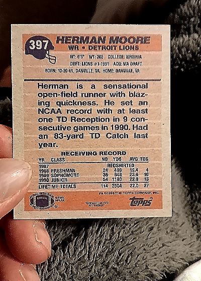 1991 Topps #397 Herman Moore — back
