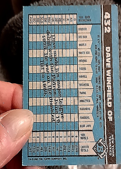 1990 Bowman #442 Dave Winfield — back
