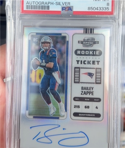 2022 Panini Contenders Optic #104 Bailey Zappe Rookie Ticket Autograph Silver — front