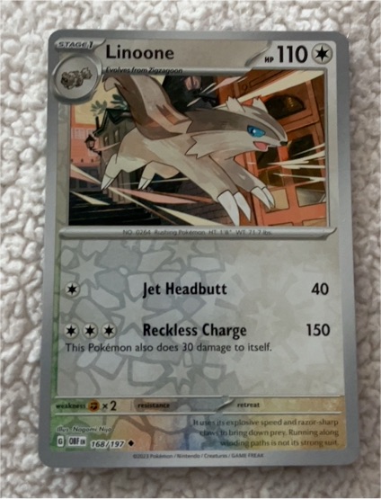 2023 Pokémon TCG SV03: Obsidian Flames #168 Linoone — front