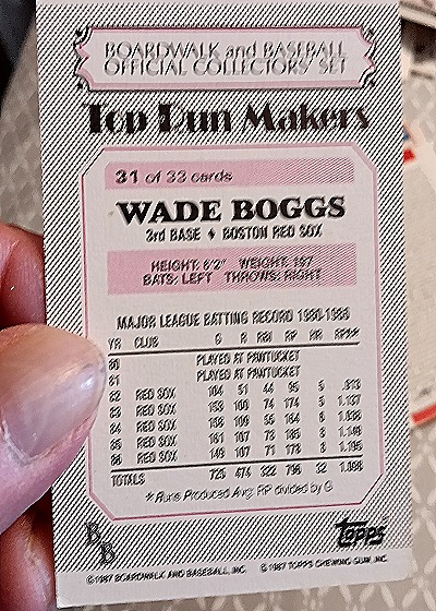 1987 Topps Boardwalk and Baseball #31b Wade Boggs — back