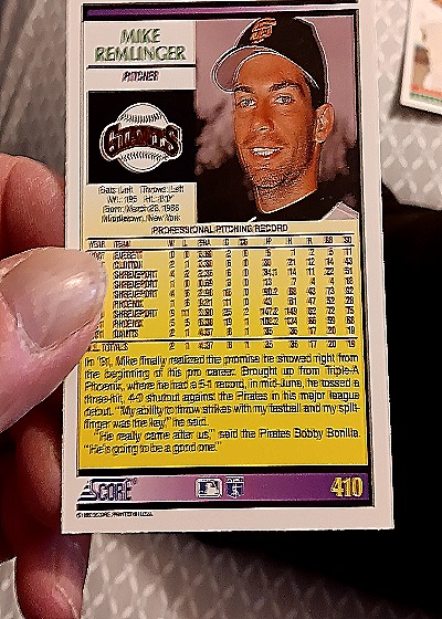 1992 Score #410 Mike Remlinger — back