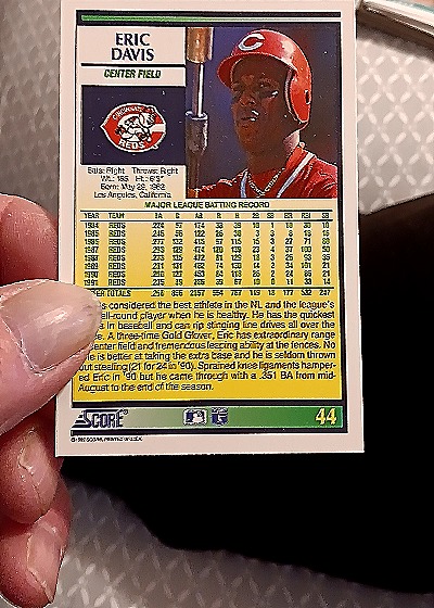 1992 Score #44 Eric Davis — back