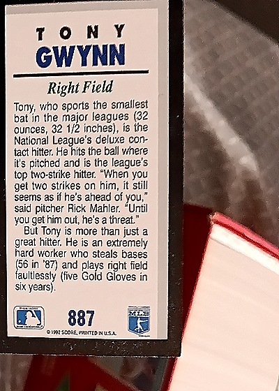 1992 Score #887 Tony Gwynn — back