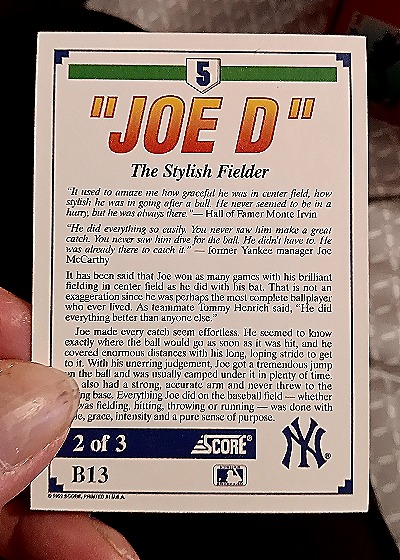 1992 Score #B13 Joe DiMaggio — back