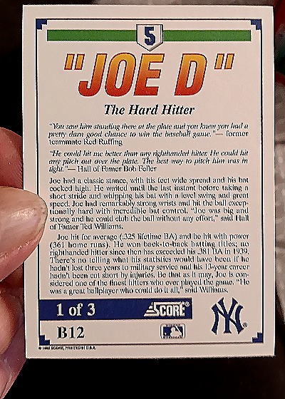 1992 Score #B12 Joe DiMaggio The Hard Hitter — back