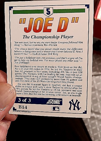 1992 Score #B14 Joe DiMaggio — back