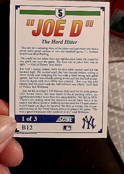 1992 Score #B12 Joe DiMaggio — back
