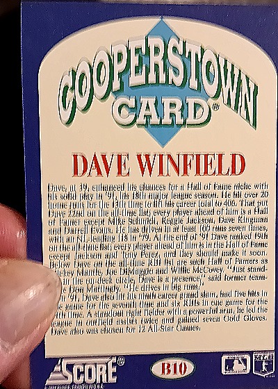 1992 Score Cooperstown Card #B10 Dave Winfield — back