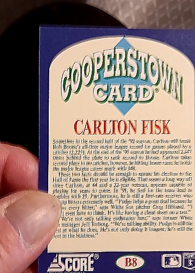 1992 Score #B8 Carlton Fisk — back