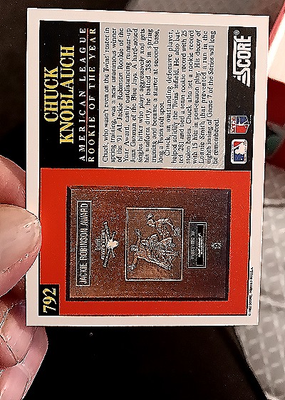 1992 Score #792 Chuck Knoblauch Rookie of the Year — back