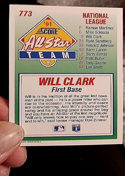 1991 Score All-Star #773 Will Clark — back